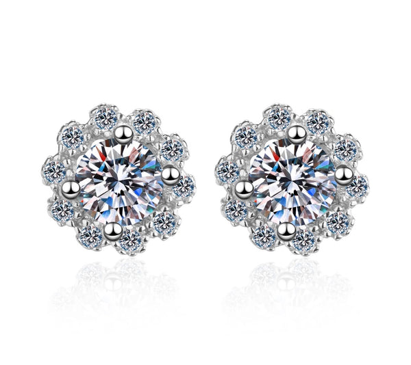 1.00ct each Round Cut Moissanite Halo Studs, 925 Sterling Silver
