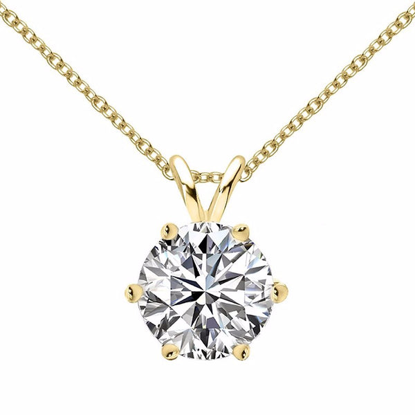 Round Cut Classic Diamond Pendant, Six Claw Setting, 925 Silver, Choose Your Stone Size and Metal