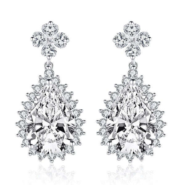 5.00ct Each Pear Cut Halo Diamond Drop Earrings, 925 Sterling Silver