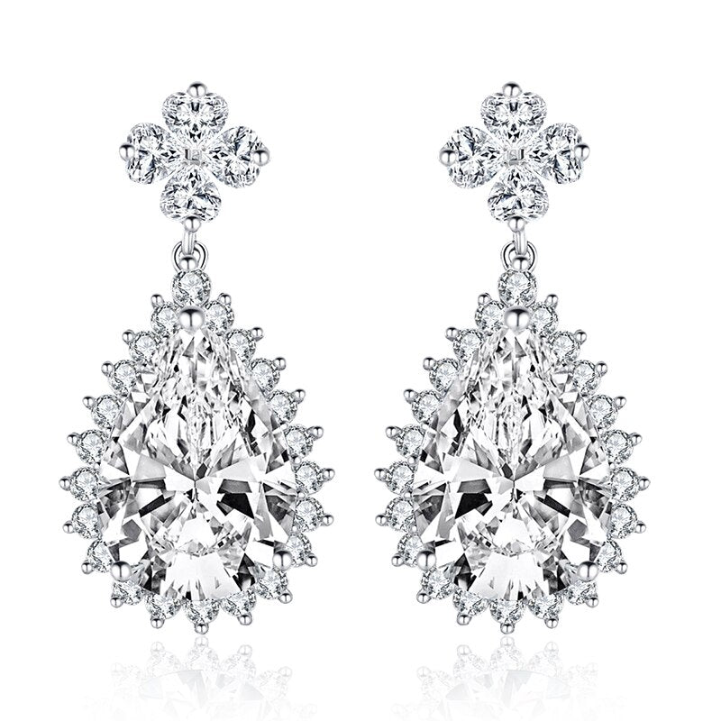 5.00ct Each Pear Cut Halo Diamond Drop Earrings, 925 Sterling Silver