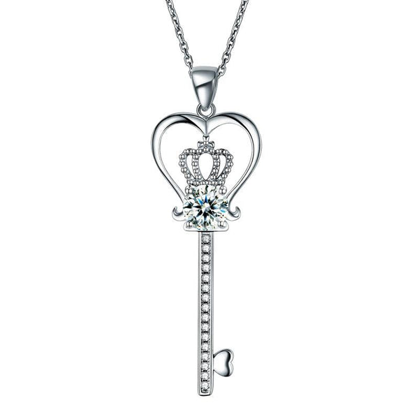 1.25ct Diamond Love Heart Crown Key Pendant, Heart Diamond Necklace, 925 Silver