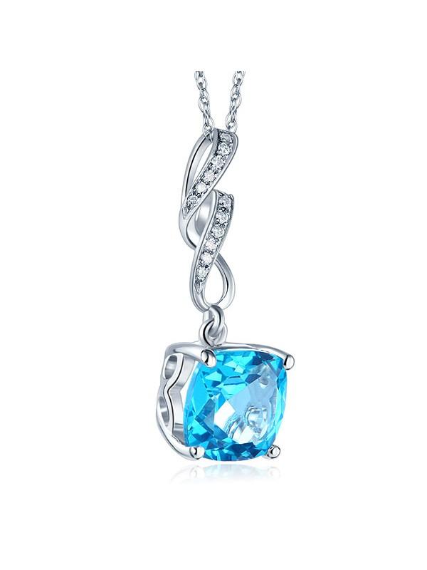 2.50ct Cushion Cut Blue Topaz Pendant, Gemstone and Diamond Necklace, 14kt White Gold