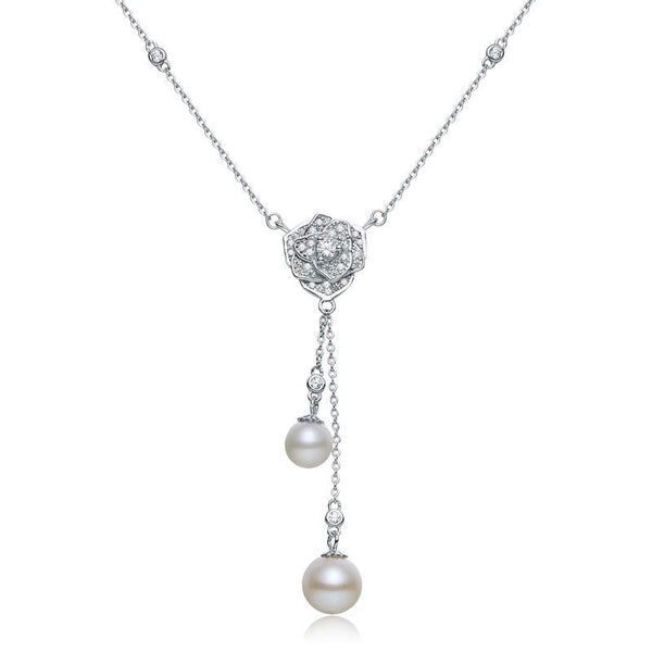 Pearl & Diamond Pendant, Heart Simulated Diamond Necklace, 925 Sterling Silver