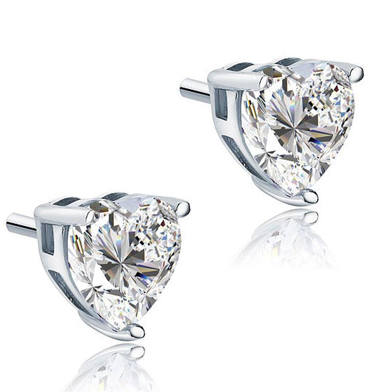 2.00ct each, Classic Heart Cut Diamond Stud Earrings, 925 Sterling Silver