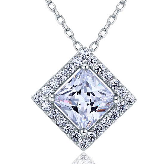 1.50ct Princess Cut Diamond Halo Pendant, Classic Diamond Necklace, 925 Silver