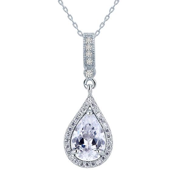 3.00ct Pear Cut Diamond Halo Pendant, Bridal Diamond Necklace, 925 Silver
