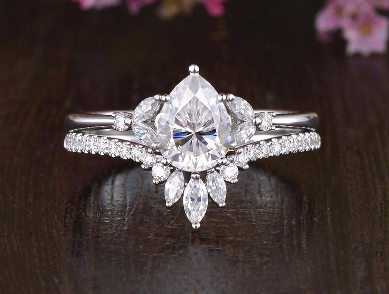 2.25ct Pear Cut Moissanite Ring Set, Side Stones with Shaped Band, Available in All Metals, 1.25ct Main Stone