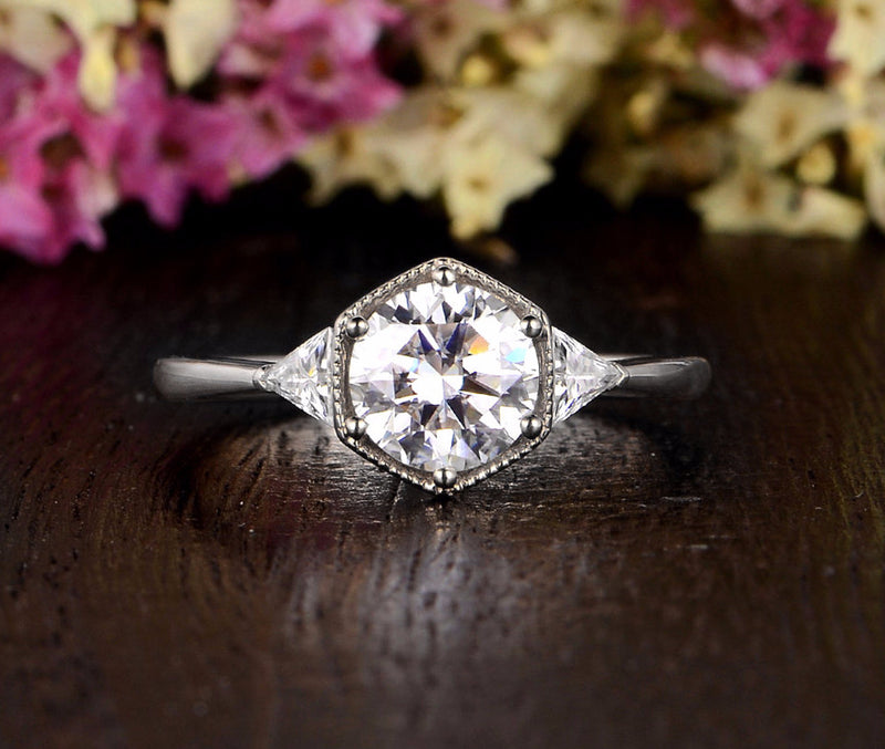 Round Cut Moissanite Engagement Ring, Art Deco Trilogy Design, Choose Your Stone Size & Metal