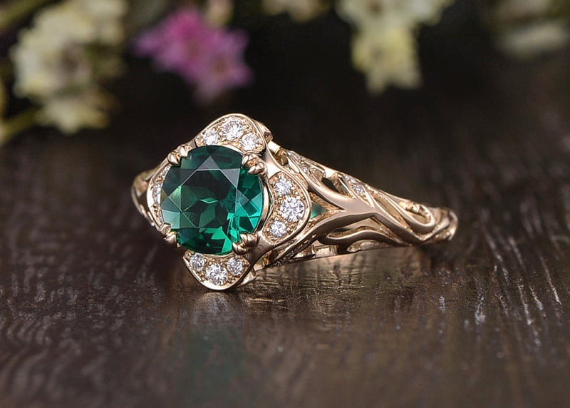 Round Cut Lab Grown Emerald Engagement Ring, Vintage Design