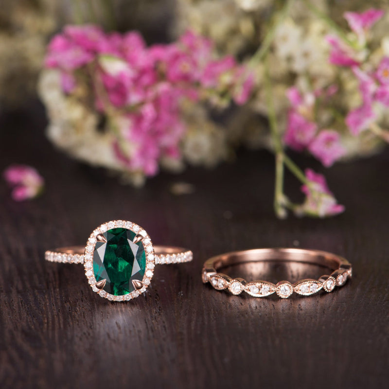 2.00ct Oval Cut Lab Grown Emerald Bridal Ring Set, Vintage Design, Choose Your Metal