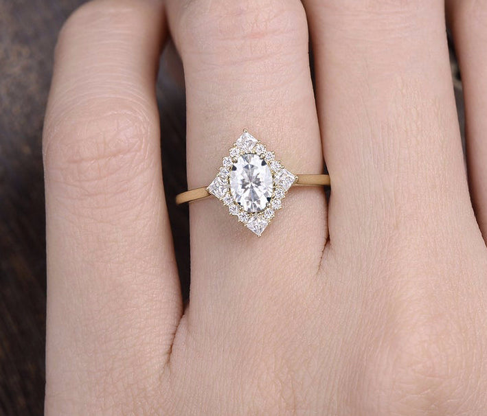 Oval Cut Moissanite Engagement Ring, Unique Vintage Halo Design, Choose Your Stone Size & Metal