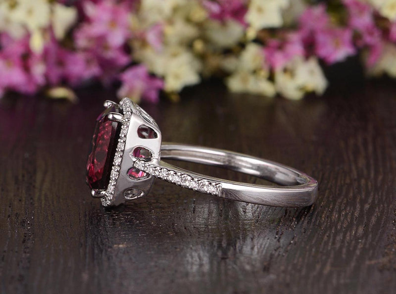 4.00ct Lab Created Ruby Halo Engagement Ring, Vintage Design, Cushion Cut, Available In All Metal Types