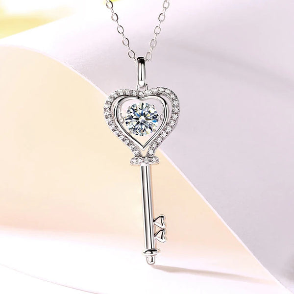 1.00ct Moissanite Dancing Stone Key Necklace, 925 Sterling Silver