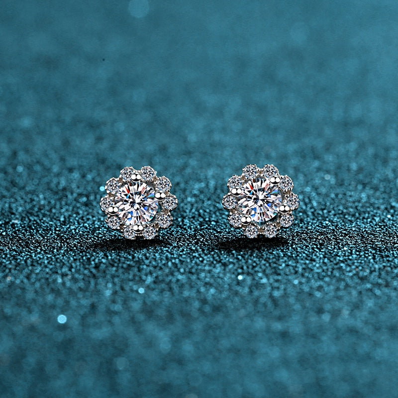 0.60ct Round Cut Moissanite Halo Studs, 925 Sterling Silver
