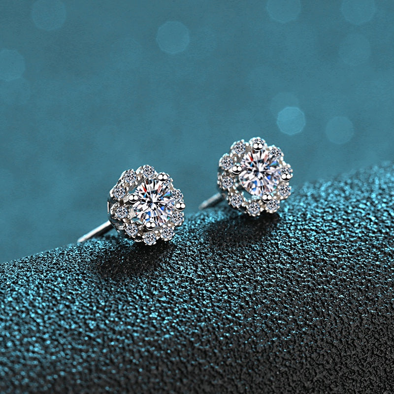 0.60ct Round Cut Moissanite Halo Studs, 925 Sterling Silver