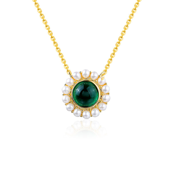 Lab Green Emerald & Pearl Necklace, 925 Silver