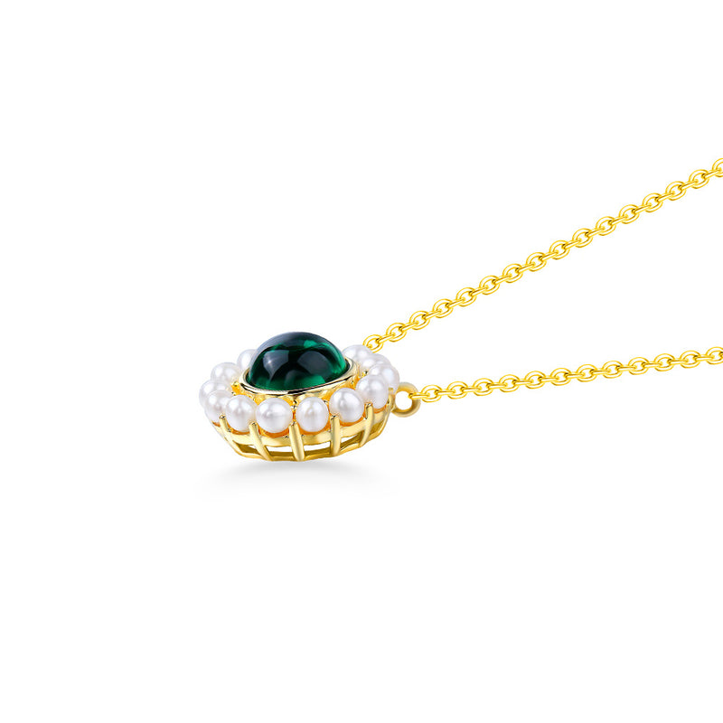 Lab Green Emerald & Pearl Necklace, 925 Silver