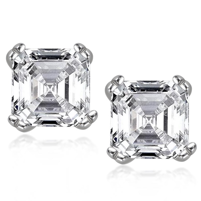 1.00ct Each Asscher Cut Moissanite Studes, 925 Sterling Silver