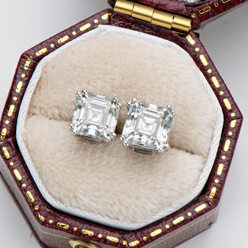 1.00ct Each Asscher Cut Moissanite Studes, 925 Sterling Silver