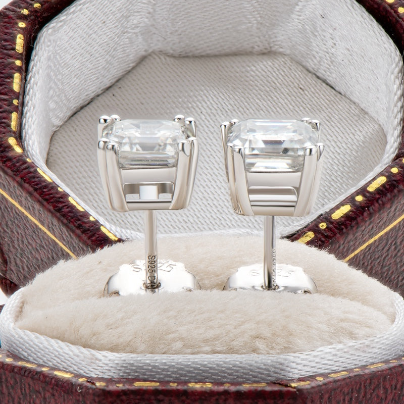 1.00ct Each Asscher Cut Moissanite Studes, 925 Sterling Silver