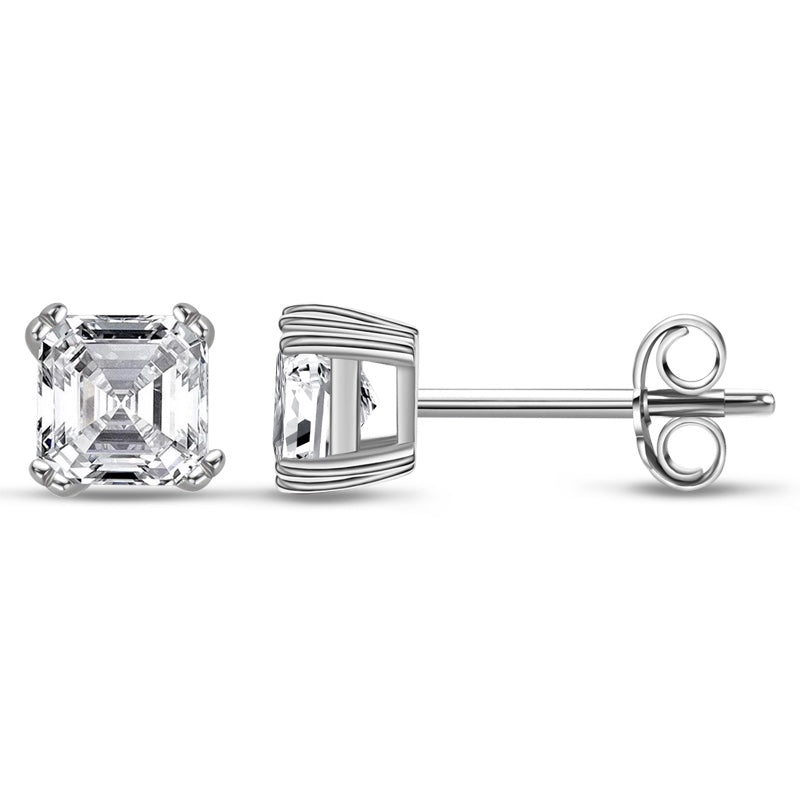 1.00ct Each Asscher Cut Moissanite Studes, 925 Sterling Silver