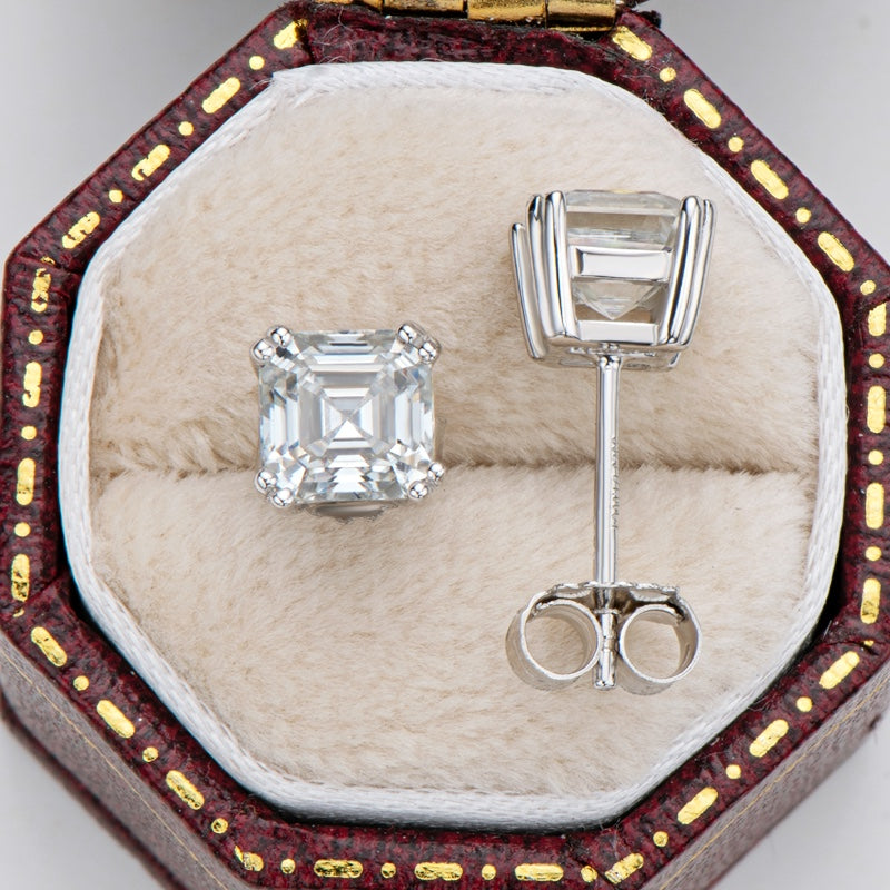 1.00ct Each Asscher Cut Moissanite Studes, 925 Sterling Silver