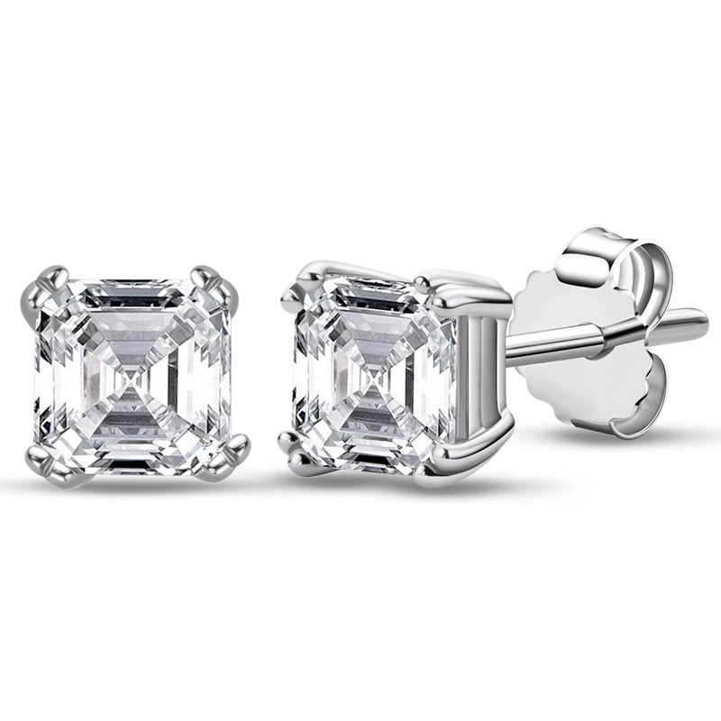 1.00ct Each Asscher Cut Moissanite Studes, 925 Sterling Silver