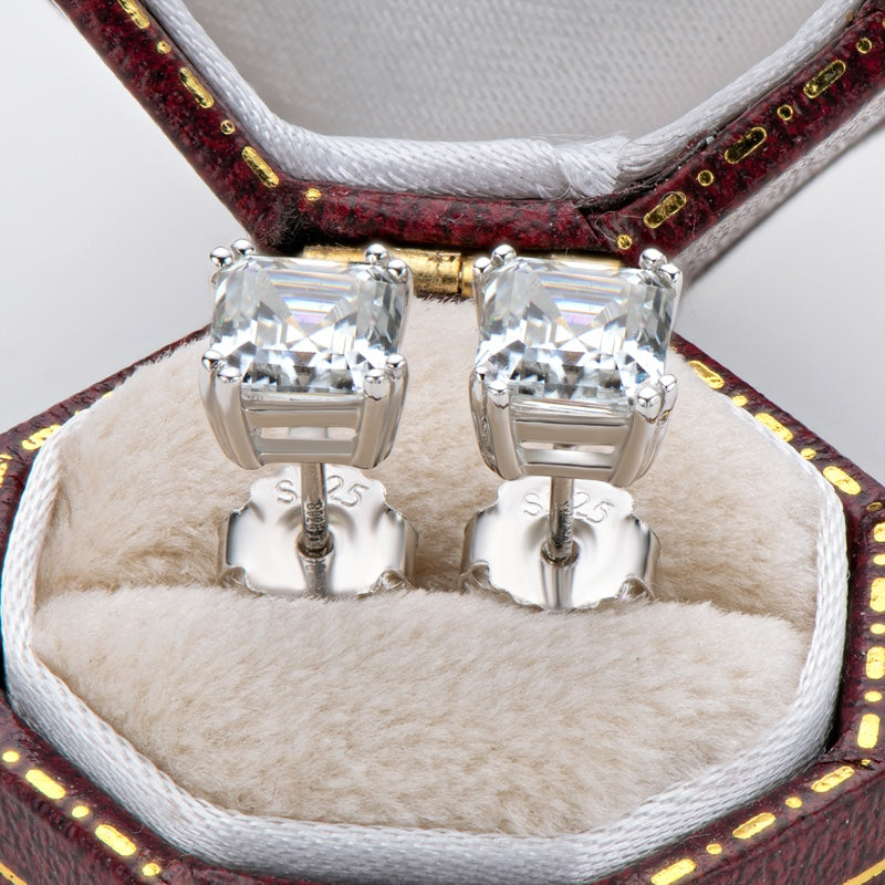 1.00ct Each Asscher Cut Moissanite Studes, 925 Sterling Silver