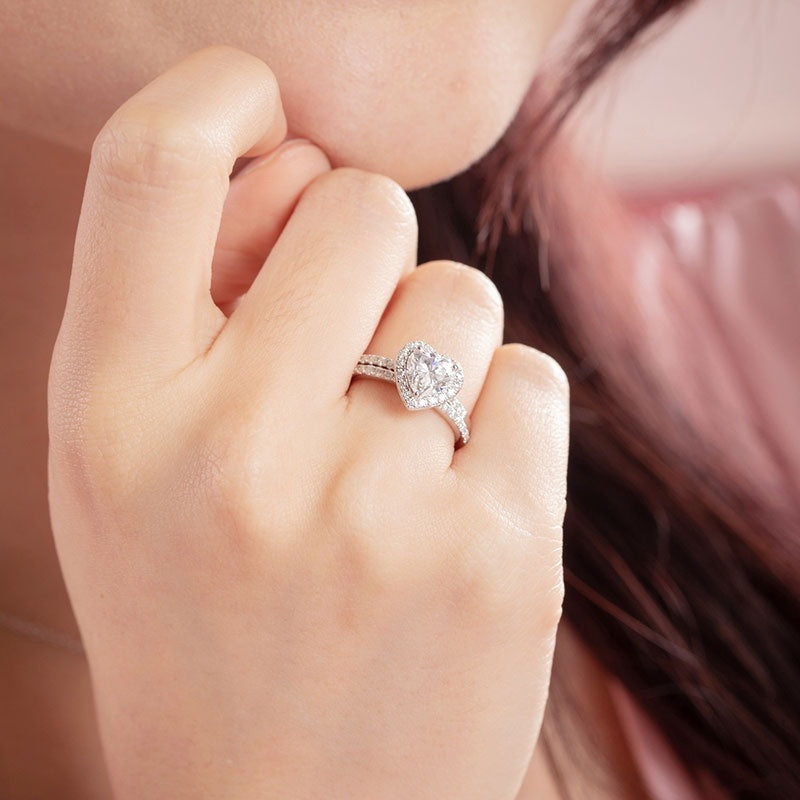 1.00ct Heart Cut Moissanite Diamond Ring Set, 925 Sterling Silver