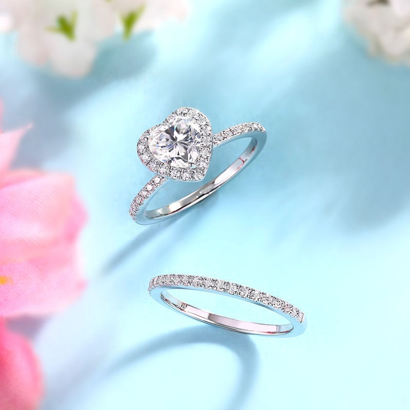1.00ct Heart Cut Moissanite Diamond Ring Set, 925 Sterling Silver
