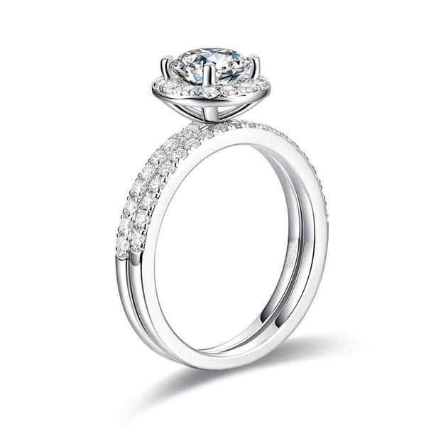 1.00ct Moissanite Diamond Halo Ring Set, 925 Sterling Silver