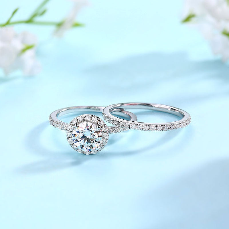 1.00ct Moissanite Diamond Halo Ring Set, 925 Sterling Silver