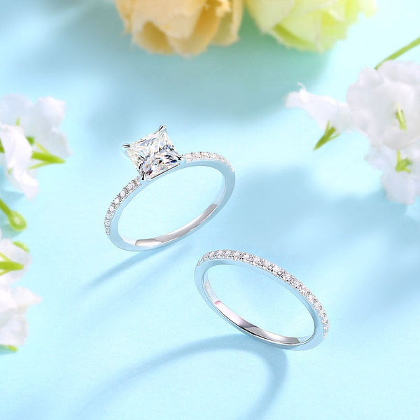 1.00ct Princess Cut Moissanite Diamond Ring Set, 925 Sterling Silver