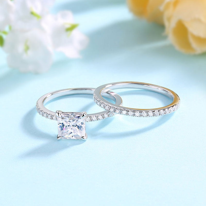 1.00ct Princess Cut Moissanite Diamond Ring Set, 925 Sterling Silver