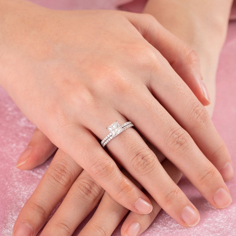 1.00ct Princess Cut Moissanite Diamond Ring Set, 925 Sterling Silver