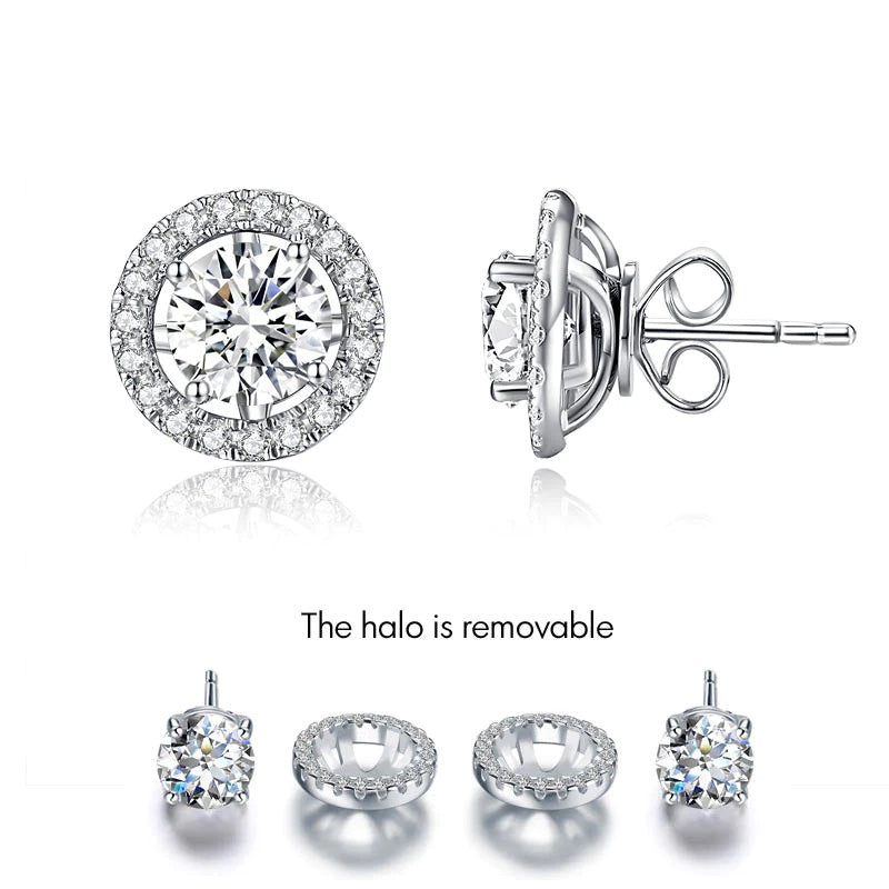 1.00ct each, Round Cut Moissanite Removable Halo Earrings, 925 Silver