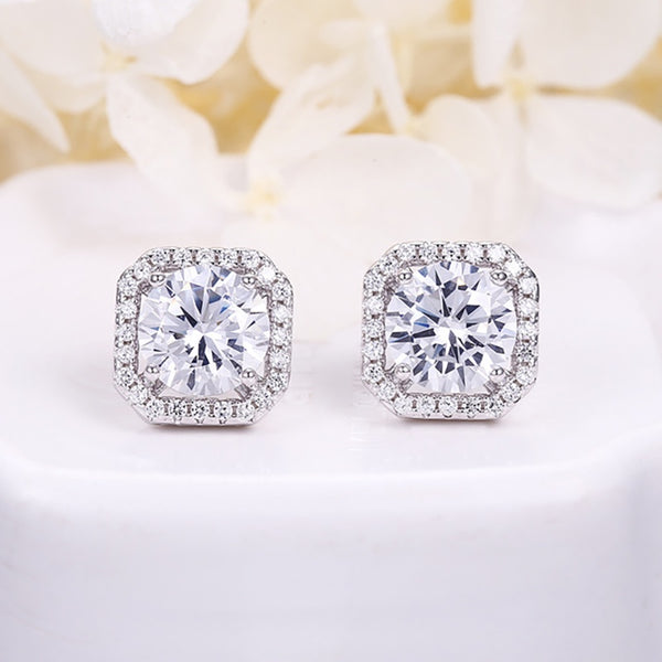 1.25ct Round Halo Diamond Stud Earrings, 925 Sterling Silver