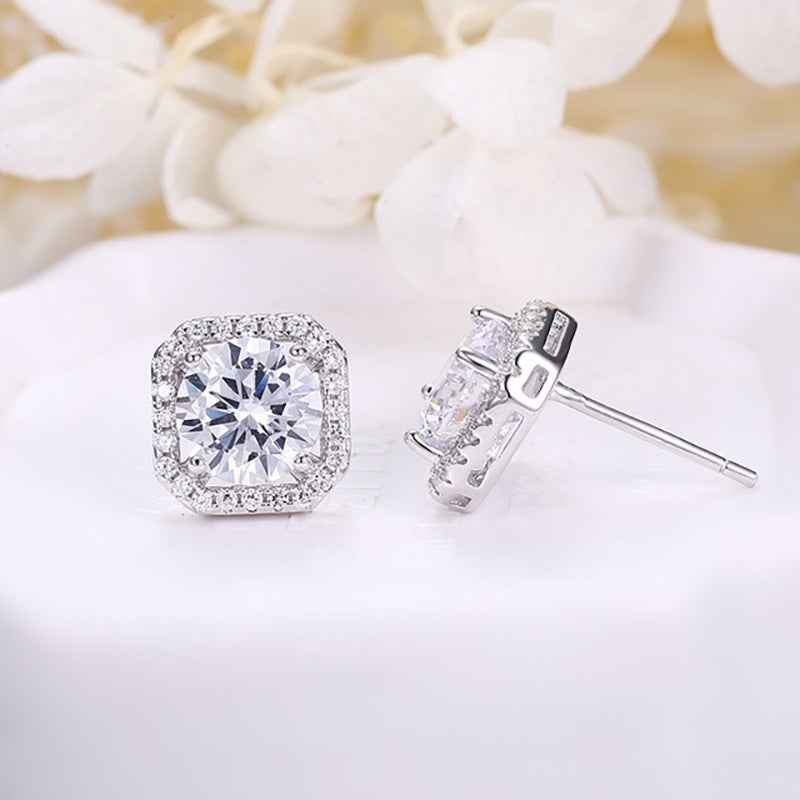 1.25ct Round Halo Diamond Stud Earrings, 925 Sterling Silver