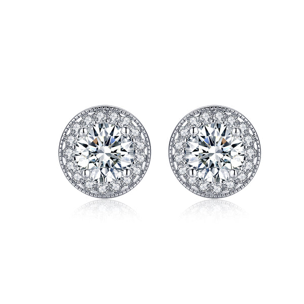 1.25ct Round Halo Diamond Stud Earrings, 925 Sterling Silver