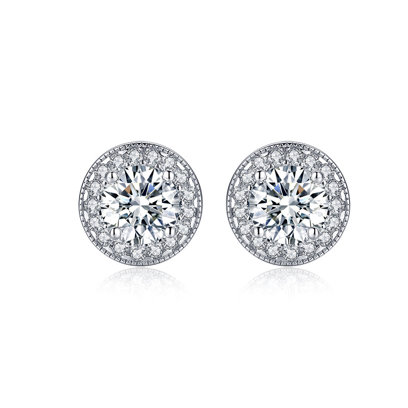 1.25ct Round Halo Diamond Stud Earrings, 925 Sterling Silver