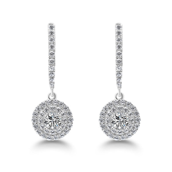 Round Drop Diamond Halo Earrings, 925 Sterling Silver