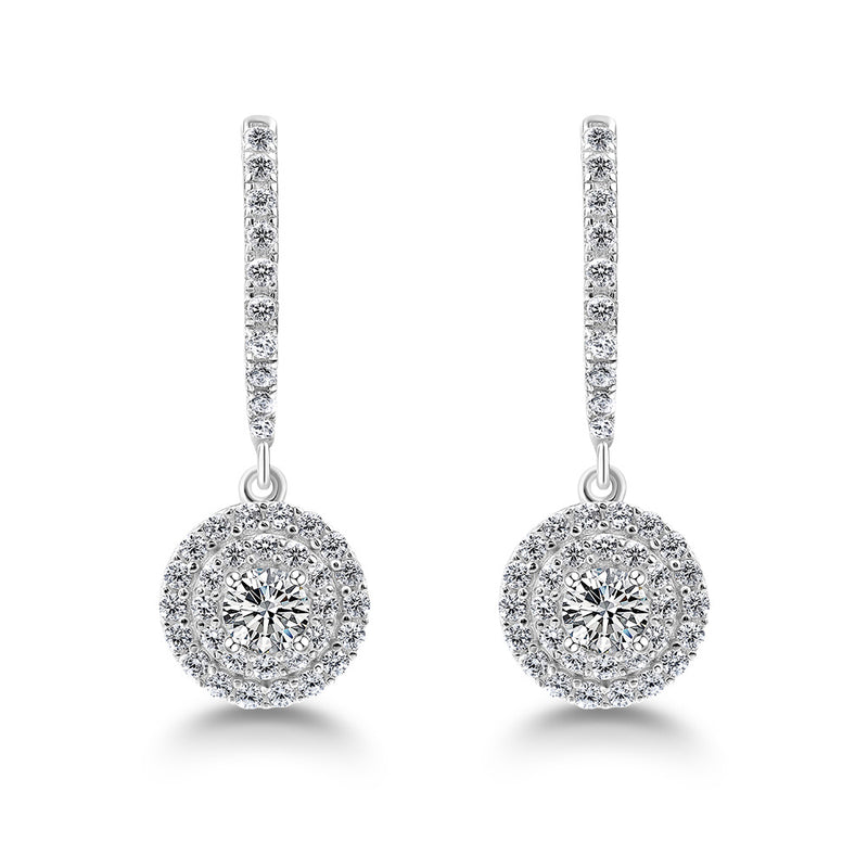 Round Drop Diamond Halo Earrings, 925 Sterling Silver