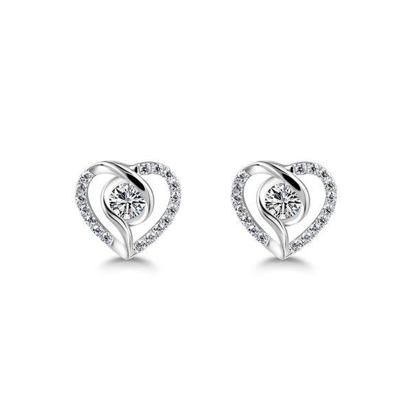 Diamond Heart Stud Earrings, 925 Sterling Silver