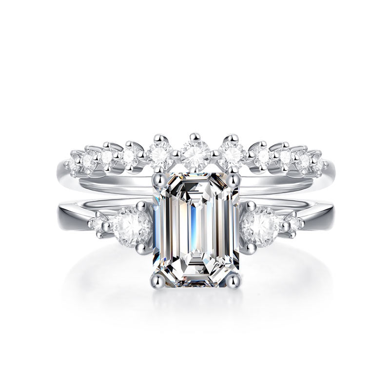 2.00ct Emerald Cut Moissanite Diamond Ring Set, 925 Sterling Silver