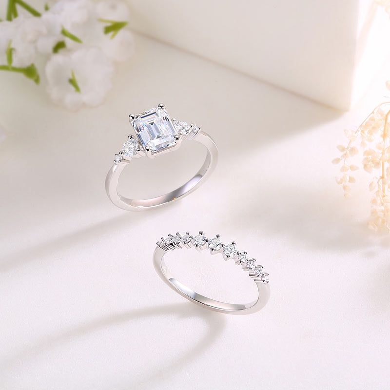 2.00ct Emerald Cut Moissanite Diamond Ring Set, 925 Sterling Silver