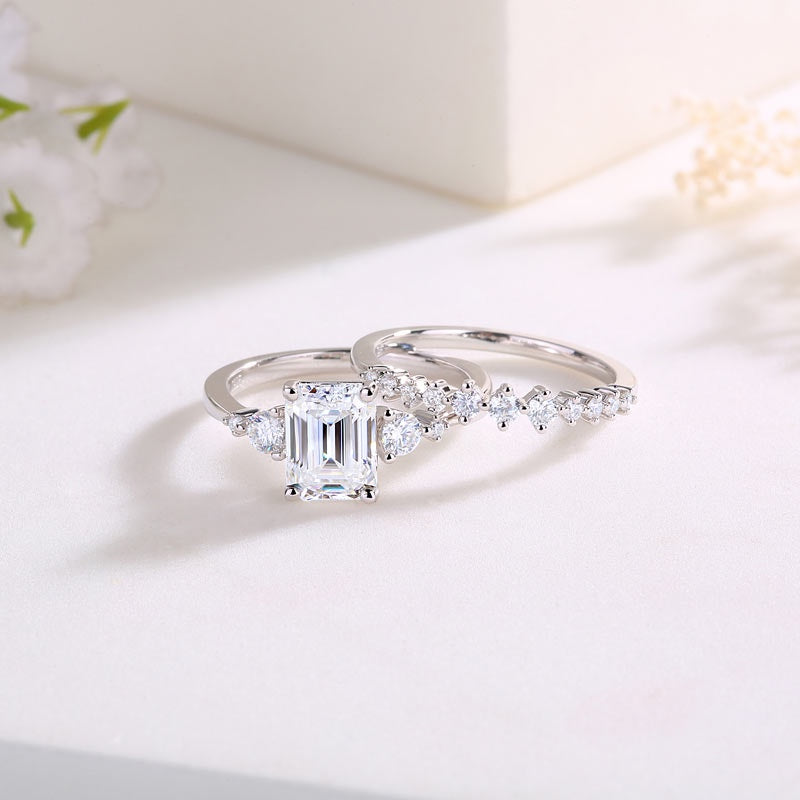 2.00ct Emerald Cut Moissanite Diamond Ring Set, 925 Sterling Silver