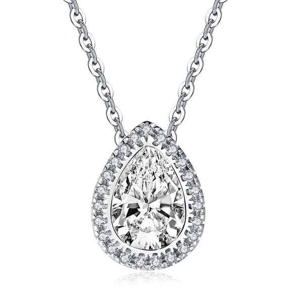 2.00ct Pear Cut Diamond Halo Pendant, Bridal Halo Diamond Necklace, 925 Silver