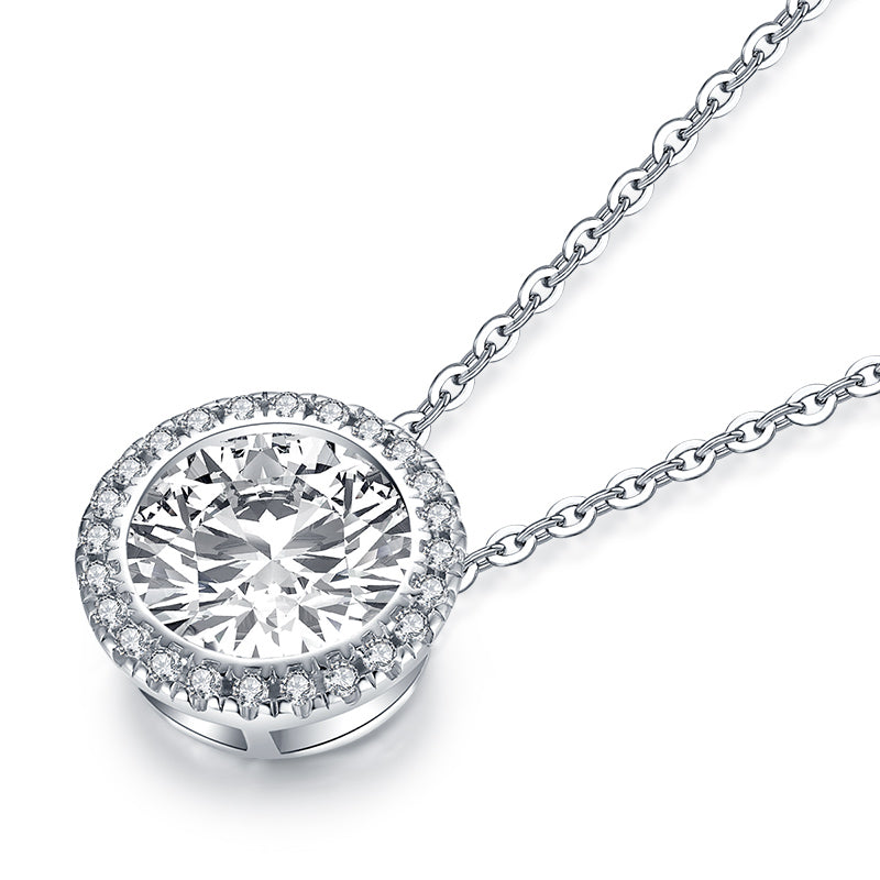 2.00ct Round Cut Diamond Halo Pendant, Bridal Halo Diamond Necklace, 925 Silver