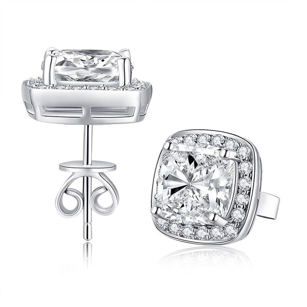 2.50ct Each Cushion Cut Halo Diamond Stud Earrings, 925 Sterling Silver