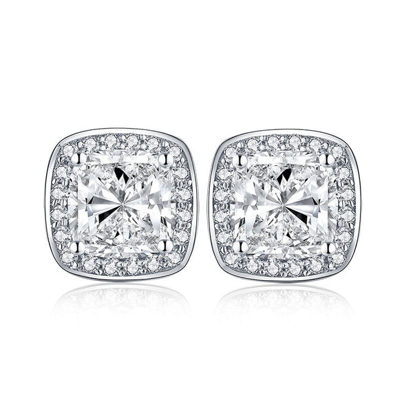 2.50ct Each Cushion Cut Halo Diamond Stud Earrings, 925 Sterling Silver